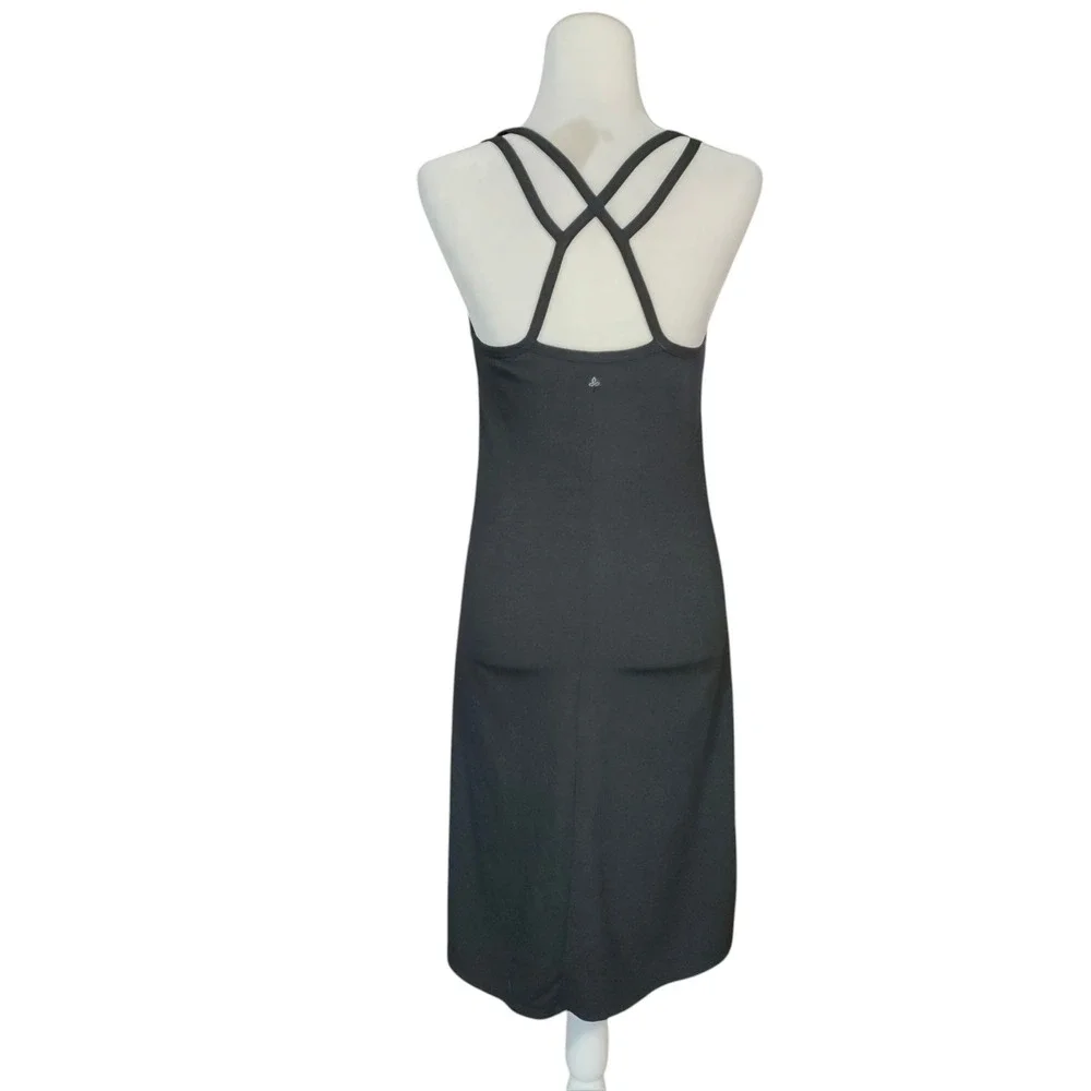Prana Cora Dress Athleisure Black A-Line Midi Built In Bra Double Cross Straps S